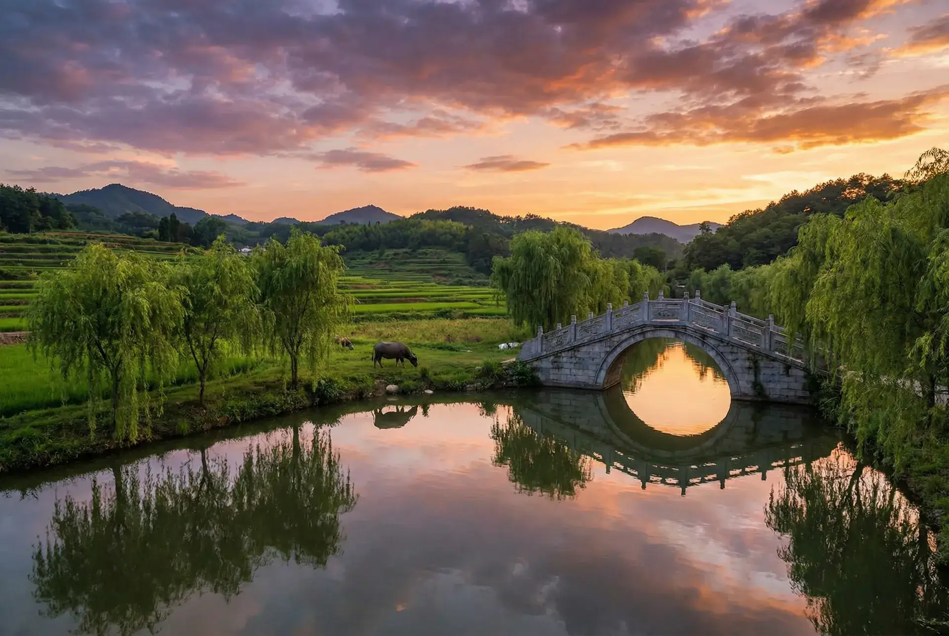 夕阳下的石拱桥与垂柳，水牛在河边吃草 - risingstorm匹配不到人 乡村美景